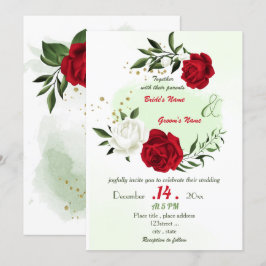 Invitación boda verde de flores rojas blancas