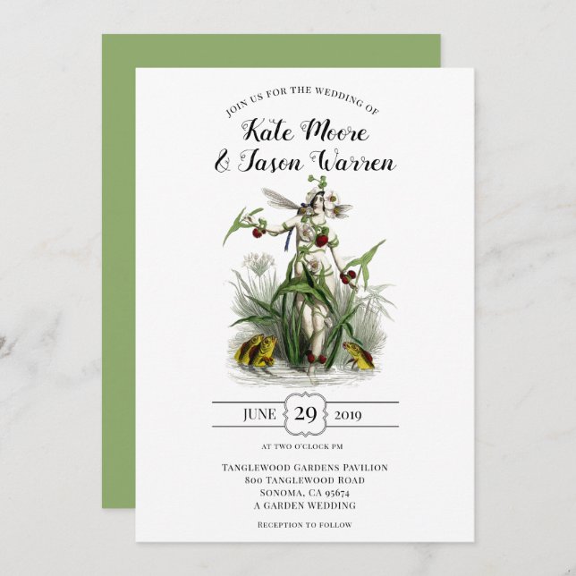 Invitación Boda verde de hadas vintage encantado (Anverso / Reverso)