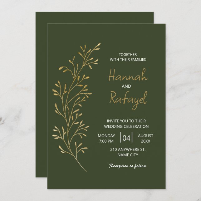 Invitación Boda verde de hoja de oro moderno simple (Anverso / Reverso)