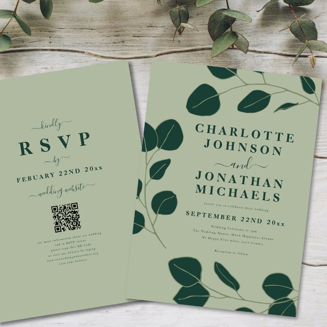 Invitación Boda verde de hoja Minimalista moderna Sage (Modern minimalist eucalyptus leaf elegant wedding invitation ideal for an outdoor forest wedding)