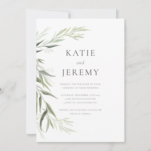 Invitación Boda Verde de Hojas de Goma de Eucalipto (Anverso)