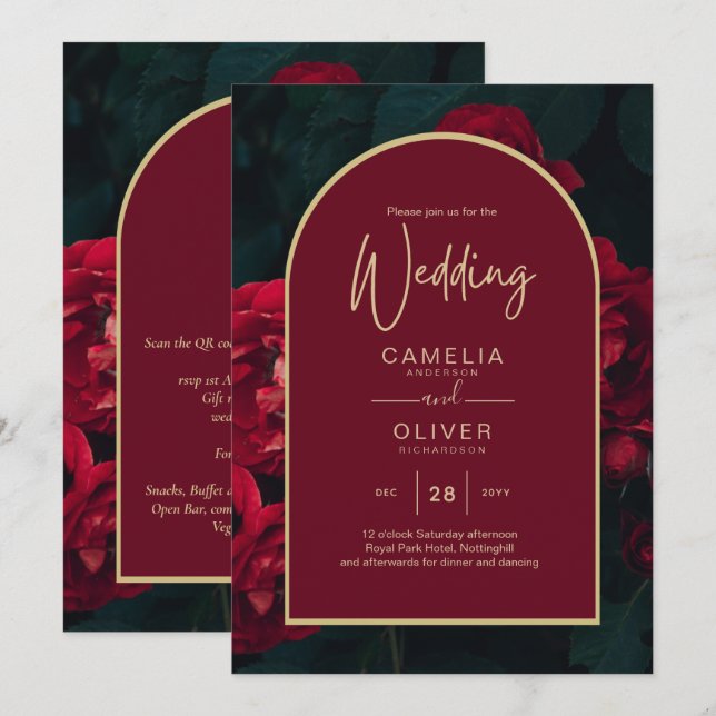Invitación Boda Verde de Invierno Profunda Roses Rojos (Anverso / Reverso)