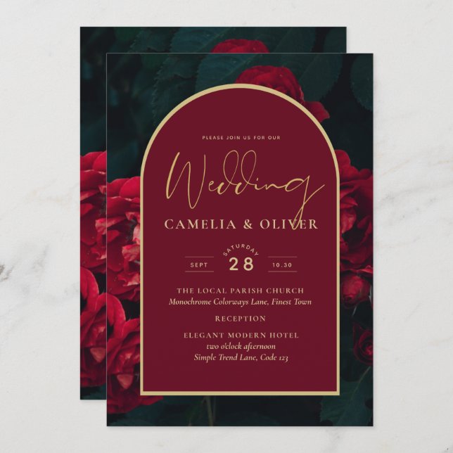 Invitación Boda Verde de Invierno Profunda Roses Rojos (Anverso / Reverso)