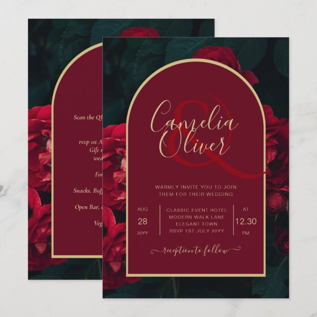 Invitación Boda Verde de Invierno Profunda Roses Rojos (Anverso / Reverso)