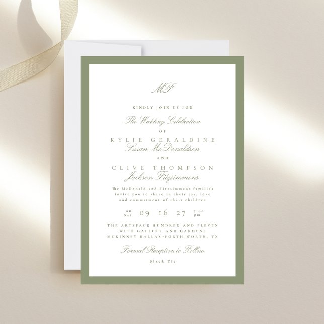 Invitación Boda verde de jaula de monograma clásico con marco (Subido por el creador)