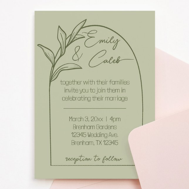 Invitación Boda verde de la hoja moderna Arch Sage (wedding invitation sage green leaves arch cursive script. Calm, romantic, botanical leaf invite)