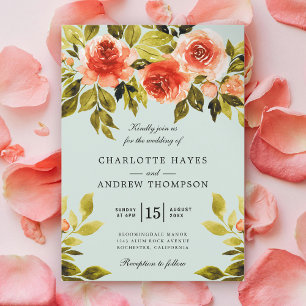 Invitación Boda verde de la menta botánica de las rosas rojas