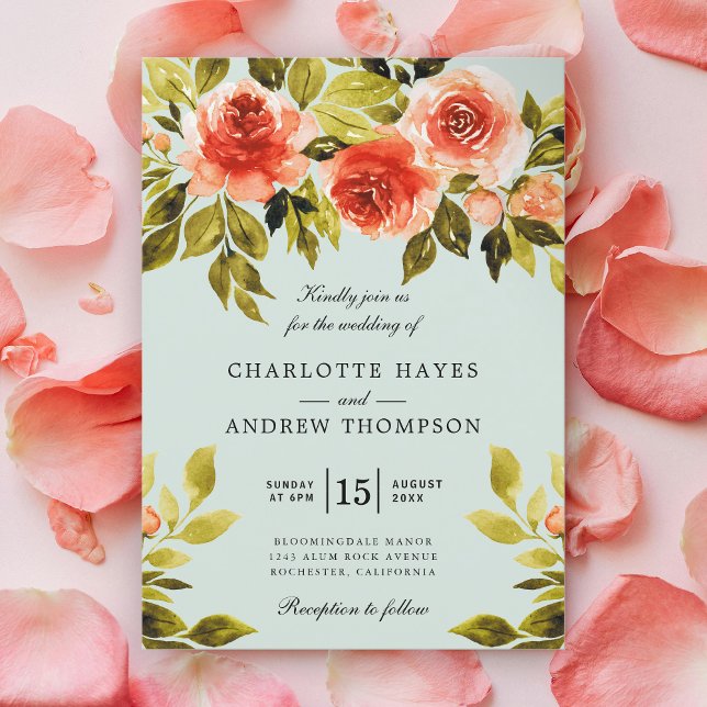Invitación Boda verde de la menta botánica de las rosas rojas (Subido por el creador)