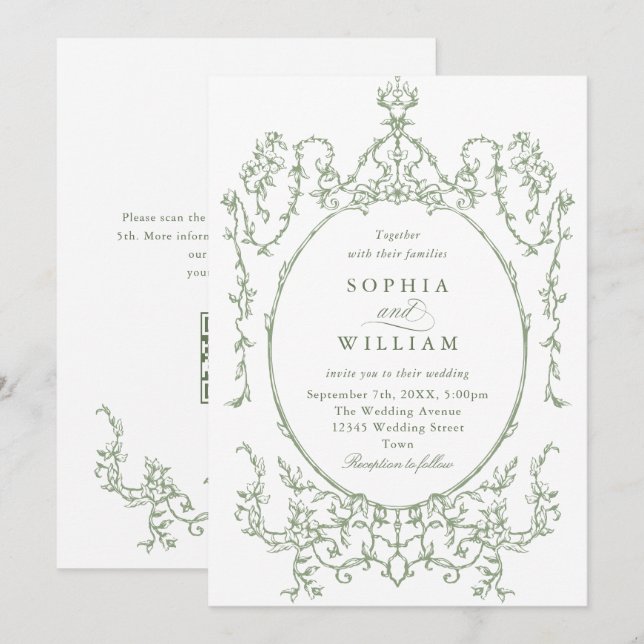 Invitación Boda Verde de la orquesta victoriana Grace Floral  (Anverso / Reverso)