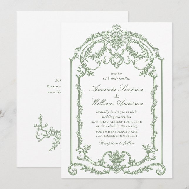 Invitación Boda Verde de la orquesta victoriana Grace Floral  (Anverso / Reverso)