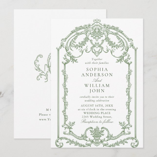 Invitación Boda Verde de la orquesta victoriana Grace Floral  (Anverso / Reverso)
