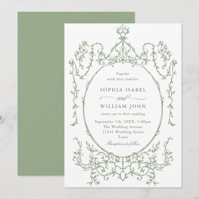 Invitación Boda Verde de la orquesta victoriana Grace Floral  (Anverso / Reverso)