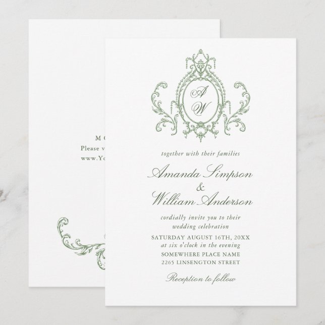 Invitación Boda Verde de la orquesta victoriana Grace Floral  (Anverso / Reverso)