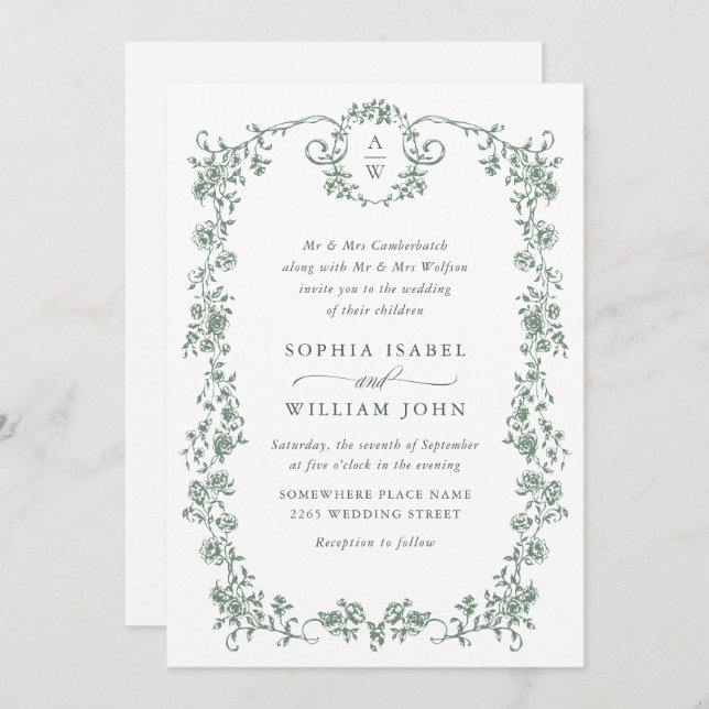 Invitación Boda Verde de la orquesta victoriana Grace Floral  (Anverso / Reverso)