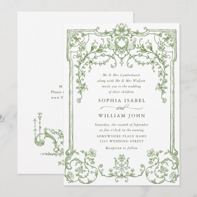 Invitación Boda Verde de la orquesta victoriana Grace Floral  (Anverso / Reverso)