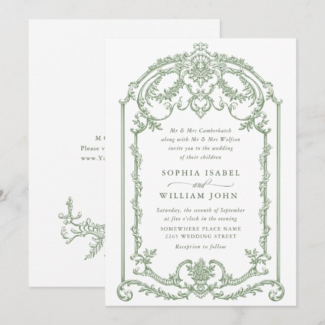 Invitación Boda Verde de la orquesta victoriana Grace Floral  (Anverso / Reverso)