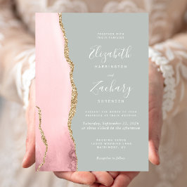 Invitación Boda verde de la Rubor Pink Gold Agate Pale Sage