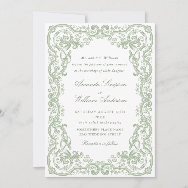 Invitación Boda verde de la sabana floral del ornato renacent (Anverso)