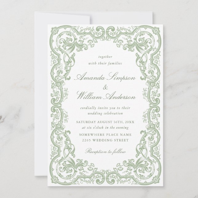 Invitación Boda verde de la sabana floral del ornato renacent (Anverso)