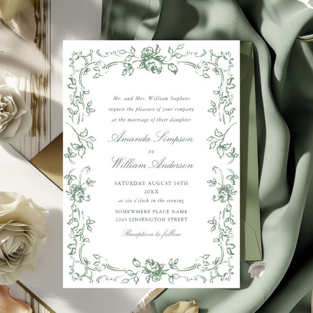 Invitación Boda verde de la sabana floral del ornato renacent (Subido por el creador)