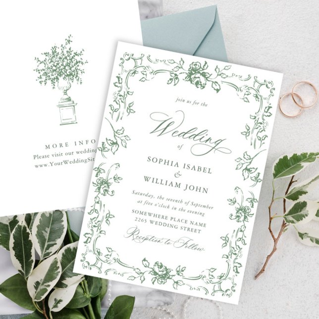 Invitación Boda verde de la sabana floral del ornato renacent (Subido por el creador)