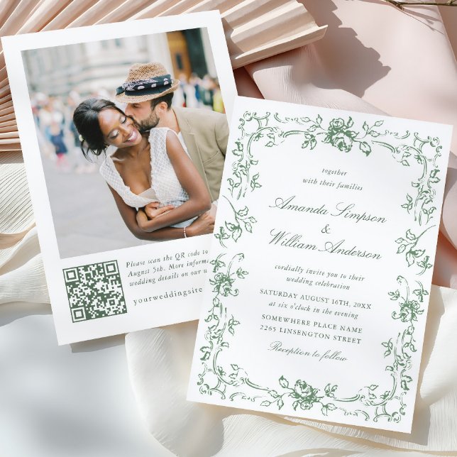 Invitación Boda verde de la sabana floral del ornato renacent (Subido por el creador)