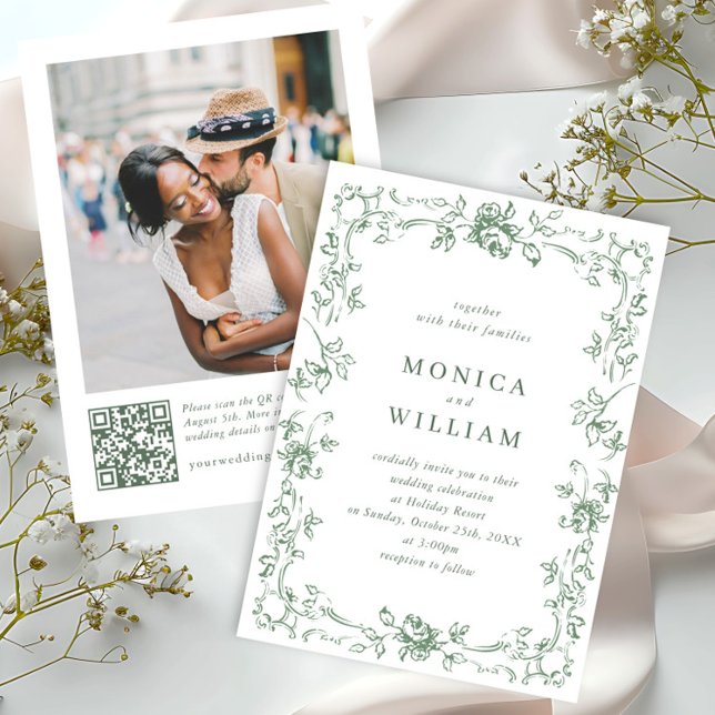 Invitación Boda verde de la sabana floral del ornato renacent (Subido por el creador)