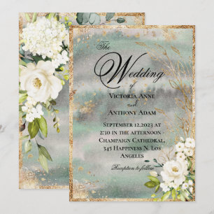 Invitación Boda verde de la salvia floral del dorado blanco