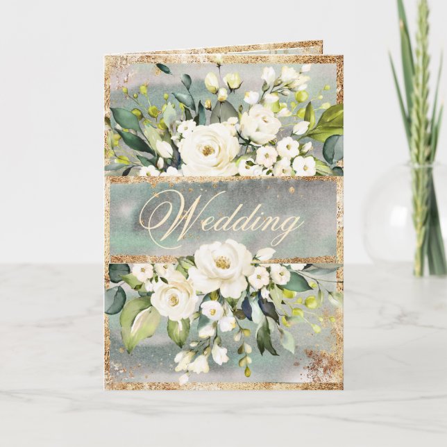 Invitación Boda verde de la salvia floral del dorado blanco (Anverso)