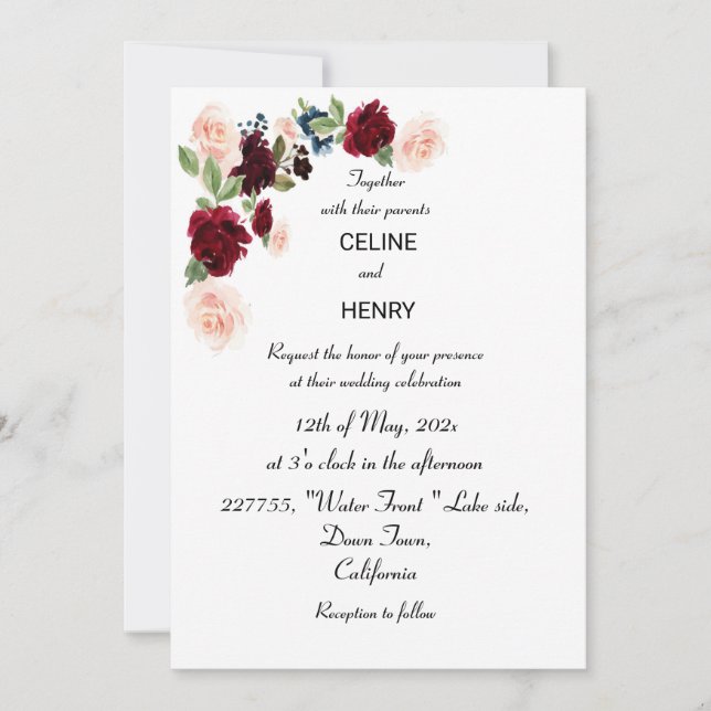 Invitación Boda Verde de la Selva Rosa de Borgoña (Anverso)