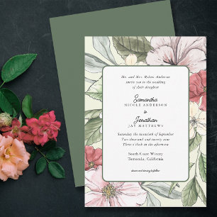 Invitación Boda verde de las flores de otoño rosadas y salada