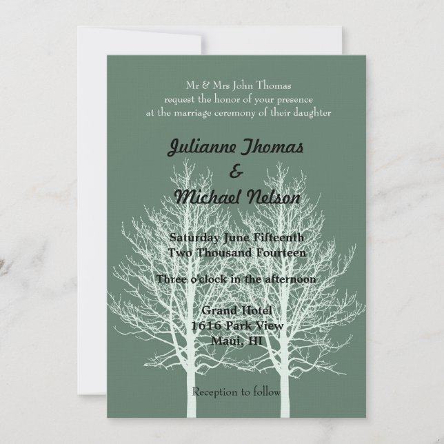 Invitación Boda verde de los árboles blancos (Anverso)