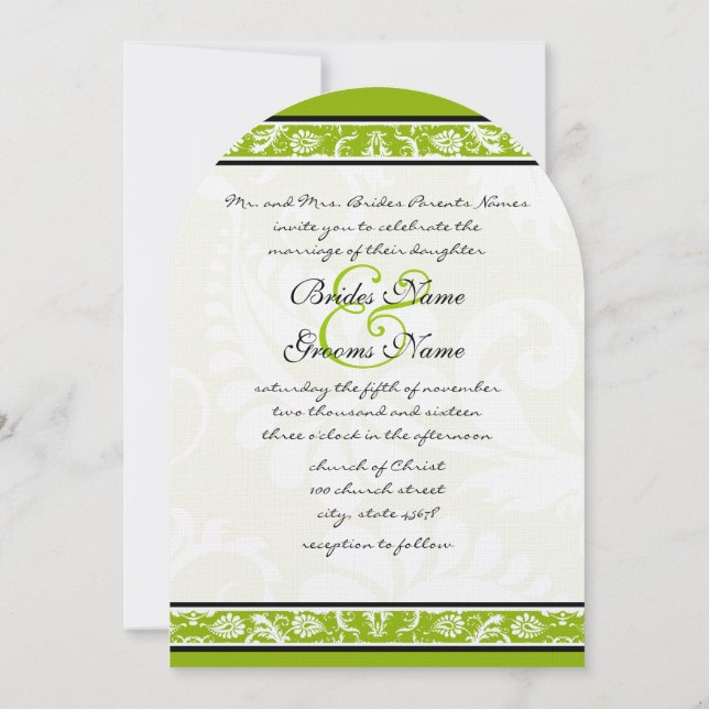Invitación Boda verde de manzana blanca de damasco (Reverso)