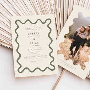 Invitación Boda verde de oliva de línea corta a mano