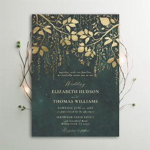 Invitación Boda verde de oro del follaje boscoso encantado