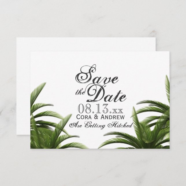 Invitación Boda verde de palmeras tropicales salva la fecha (Anverso / Reverso)