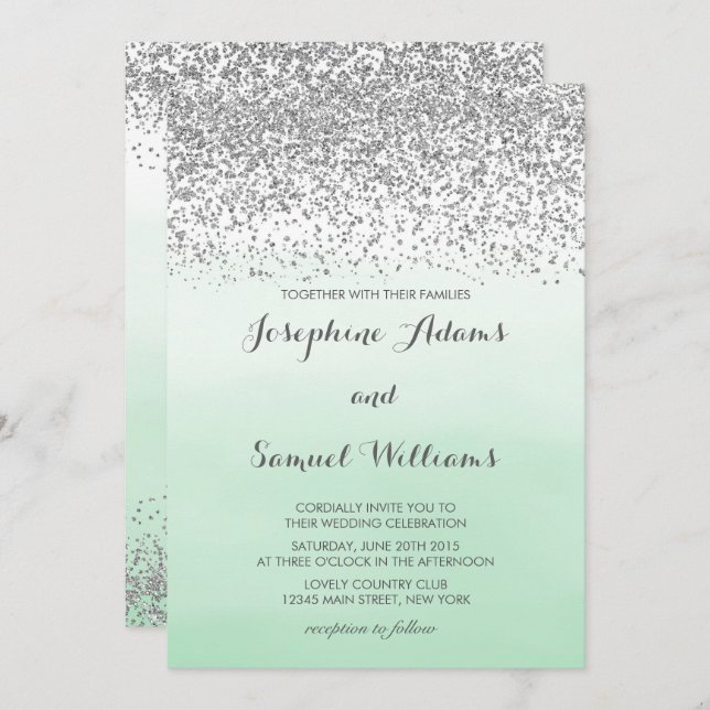 Invitación Boda verde de plata y pintura (Anverso / Reverso)