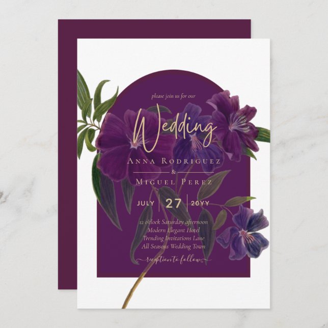 Invitación Boda Verde de Plomo de Hierro Morado Floral (Anverso / Reverso)
