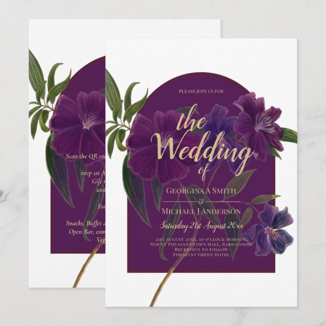 Invitación Boda Verde de Plomo de Hierro Morado Floral (Anverso / Reverso)