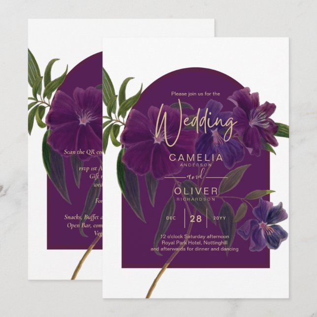Invitación Boda Verde de Plomo de Hierro Morado Floral (Anverso / Reverso)