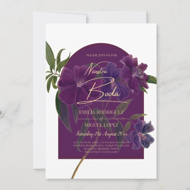 Invitación Boda Verde de Plomo de Hierro Morado Floral (Anverso)