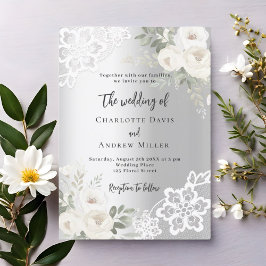 Invitación Boda verde de rosas blancas plateadas