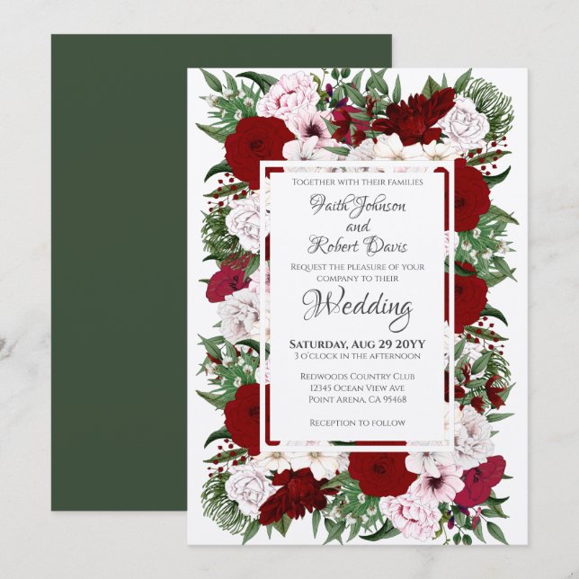 Invitación Boda verde de Rubor Floral Burgundy (Anverso / Reverso)