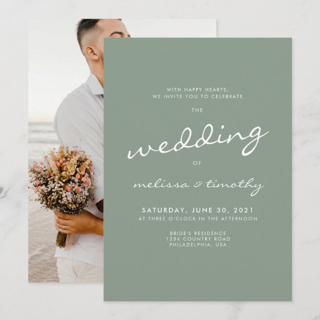 Invitación Boda verde de sabio Minimalista simple (Anverso / Reverso)