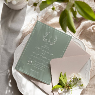 Invitación Boda verde de Wreath Sage monograma botánico