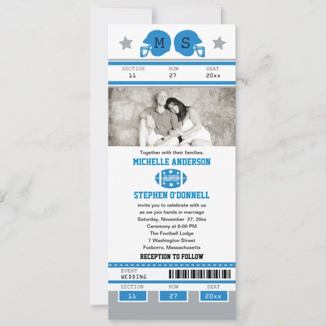 Invitación Boda verde del boleto del fútbol del azul y de los (Anverso)