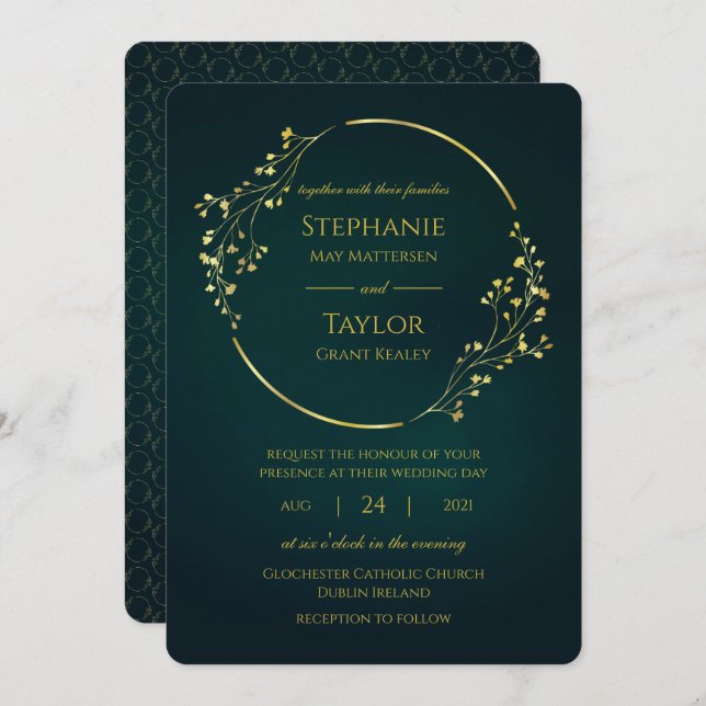 Invitación Boda verde del eucalipto del oro moderno (Anverso / Reverso)