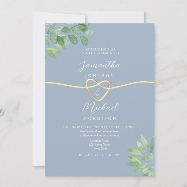 Invitación Boda Verde Dorado Corazón Polvo Azul (Anverso)
