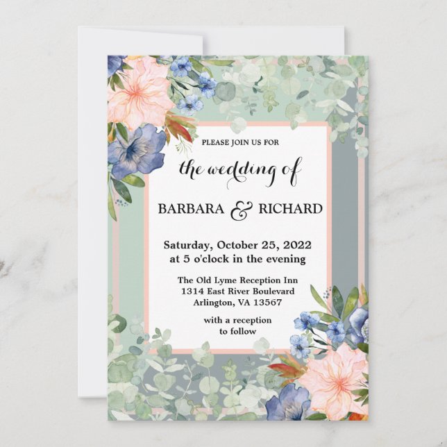 Invitación Boda Verde Dusty Blue Peach (Anverso)