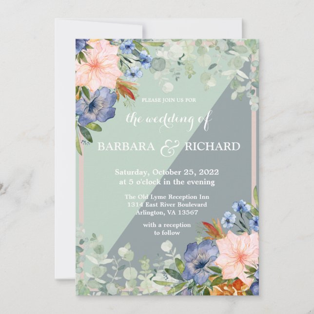 Invitación Boda Verde Dusty Blue Peach (Anverso)